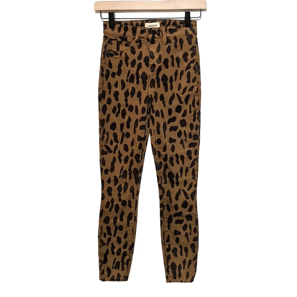 L'Agence Jeans Womens 23 Brown Margot High Rise Skinny Spotted Animal Denim - Picture 3 of 6